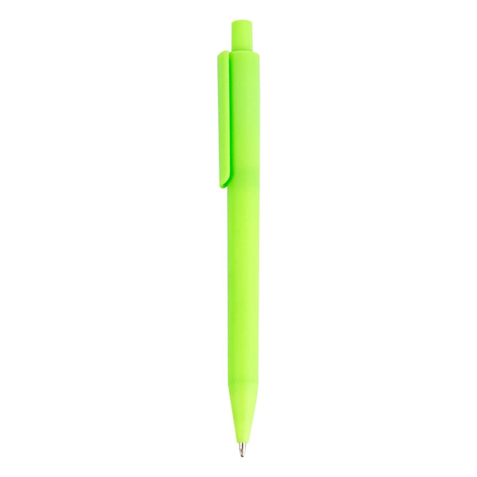 A bright green plastic pen with a clip and a smooth finish. It features a logo on its body.