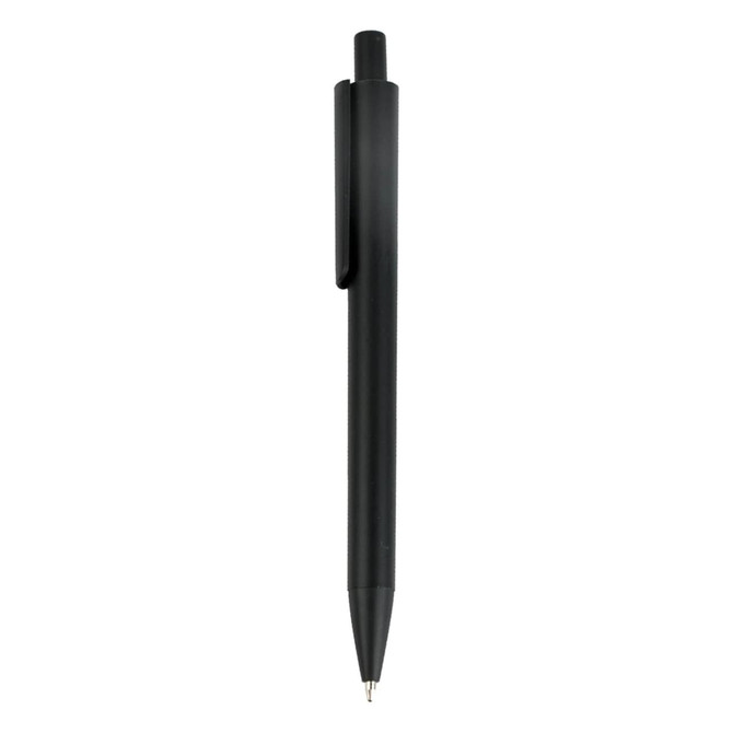 A black plastic pen with a clip and streamlined design. It features a branding logo on the barrel.