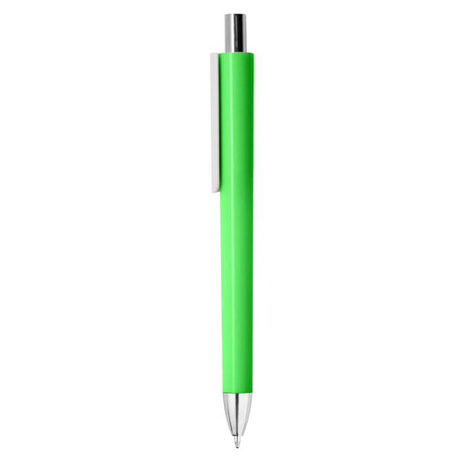 A plastic pen in bright green with a silver clip and a chrome tip. Features a branding logo.