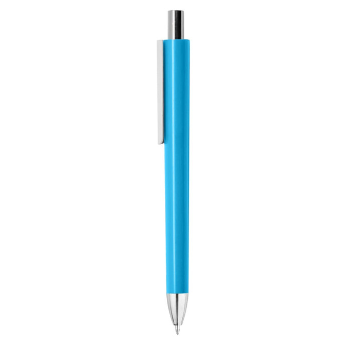 A blue plastic pen with a silver clip and a rounded tip. It features a sleek design and includes a branding logo.