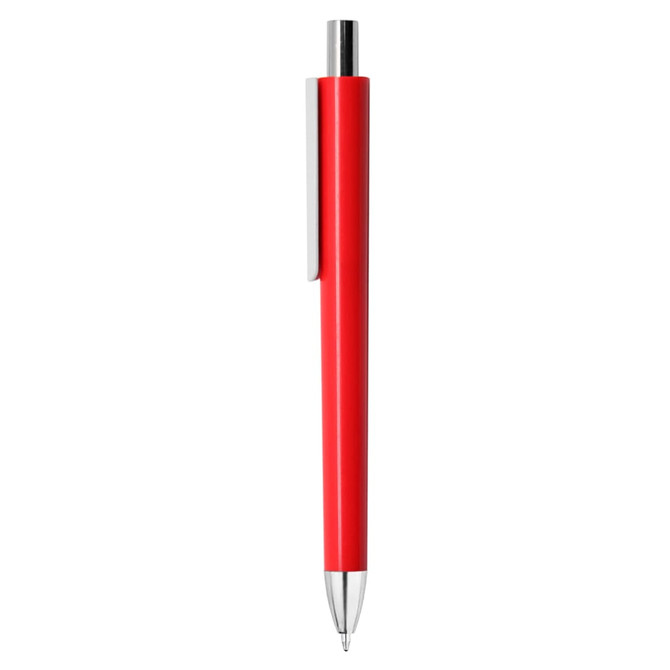 A red plastic pen with a silver clip and a shiny finish. The pen has a standard ballpoint tip and features branding.