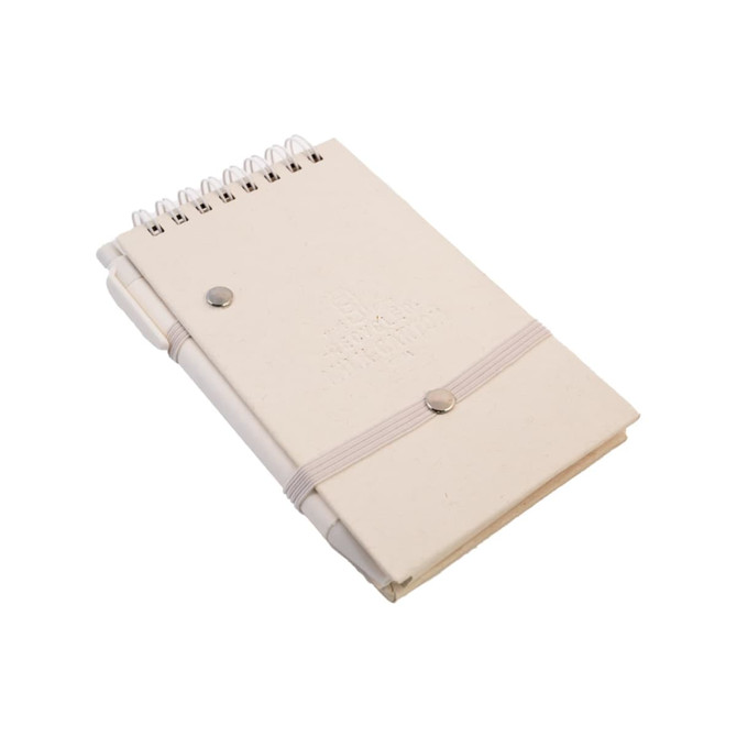 A notepad with a spiral binding and a pen, featuring a soft cover and an elastic band closure.