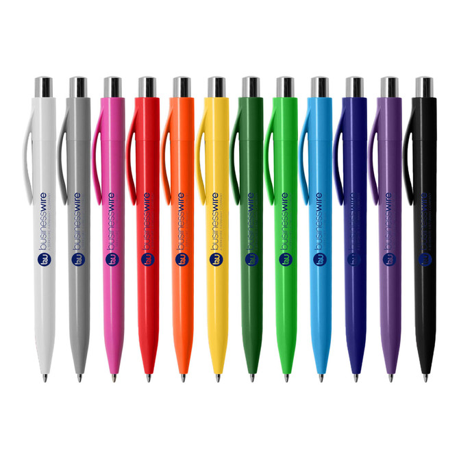 A collection of plastic pens in white, grey, red, orange, yellow, green, blue, and purple, featuring a logo.