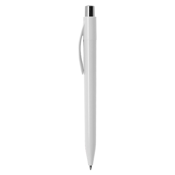 A plastic pen in white with a silver clip and tip, featuring a logo on the body.