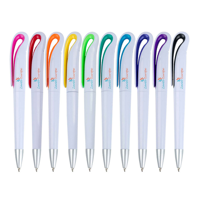 A collection of ten plastic pens in various colours with a decorative grip and a branding logo on each pen.