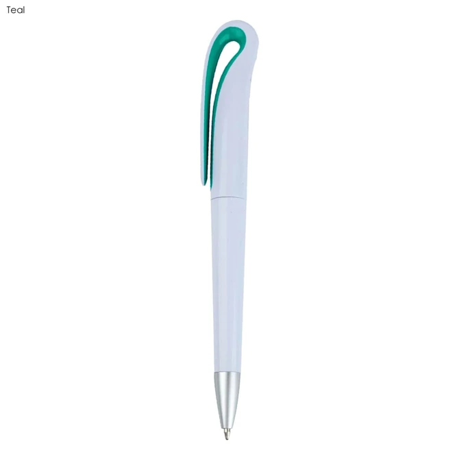 A plastic pen in white and teal with a smooth, curved design and a silver tip. It features a branding logo.
