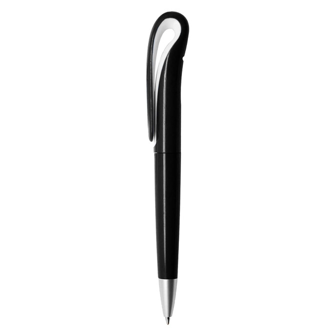 A plastic pen in black with a distinctive sleek design and a silver tip, featuring a branding logo.