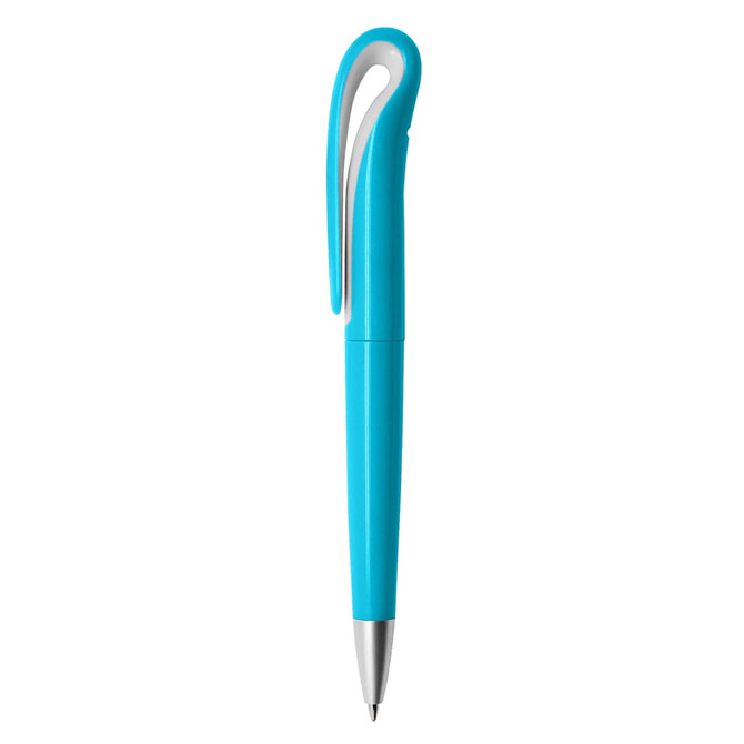 A plastic pen in a bright blue colour with a unique clip design. It features a logo on the barrel.