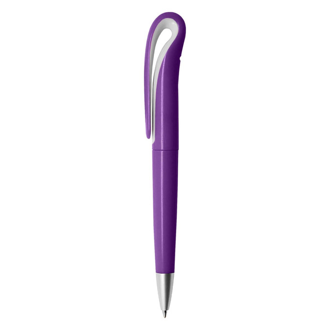 A plastic pen in vibrant purple with a distinctive curved clip and metallic tip. It features a logo on the barrel.