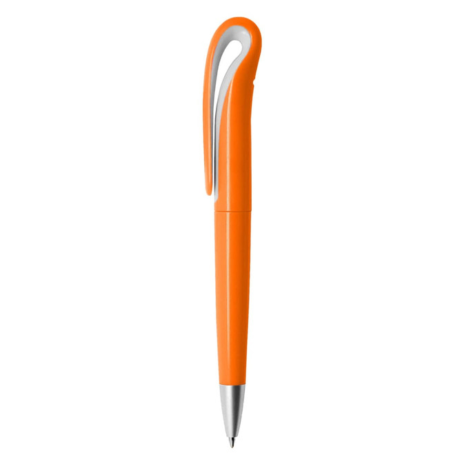 An orange plastic pen with a silver clip and a smooth design. It features a logo on the body.