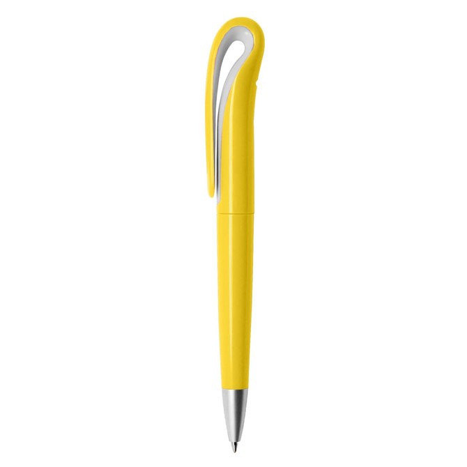 A yellow plastic pen with a sleek design and a silver clip. It features a branding logo on the body.