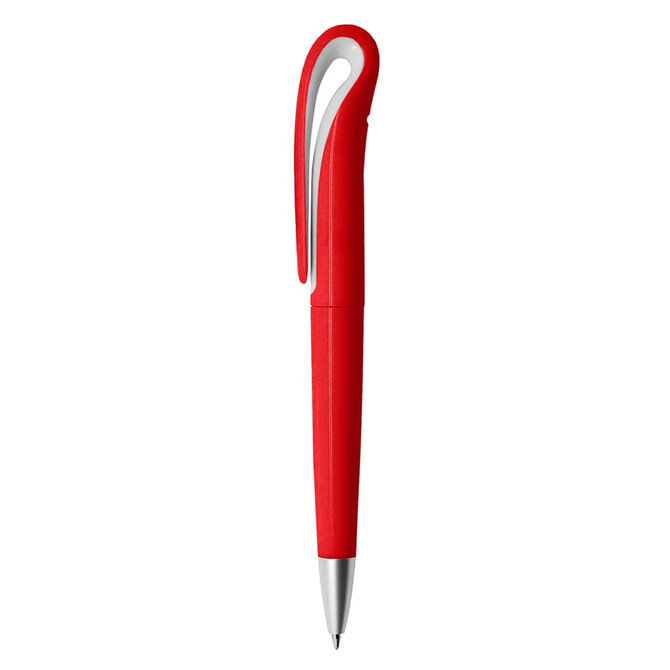A red plastic pen featuring a sleek design and a silver tip. It includes a curved clip and branding on the barrel.