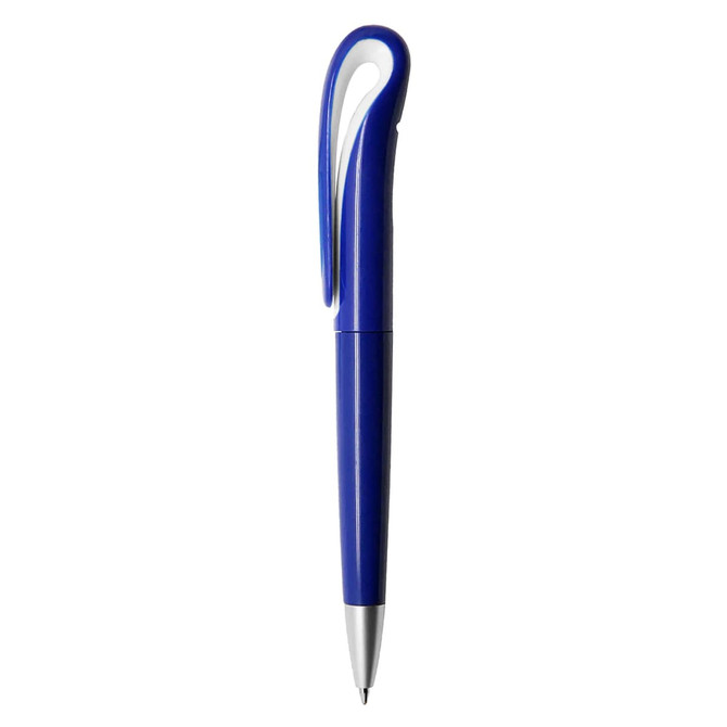 A blue plastic pen with a distinctive curved clip and a silver nib. It features a logo on its barrel.