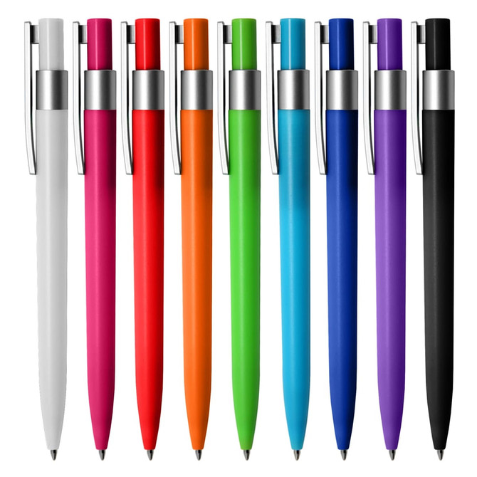 A lineup of plastic pens in white, pink, red, orange, green, blue, purple, and black, each with a silver clip.