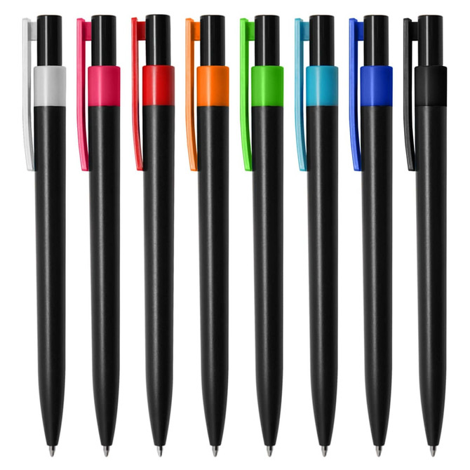 A collection of black plastic pens with various coloured clips in white, pink, orange, green, blue, and black.