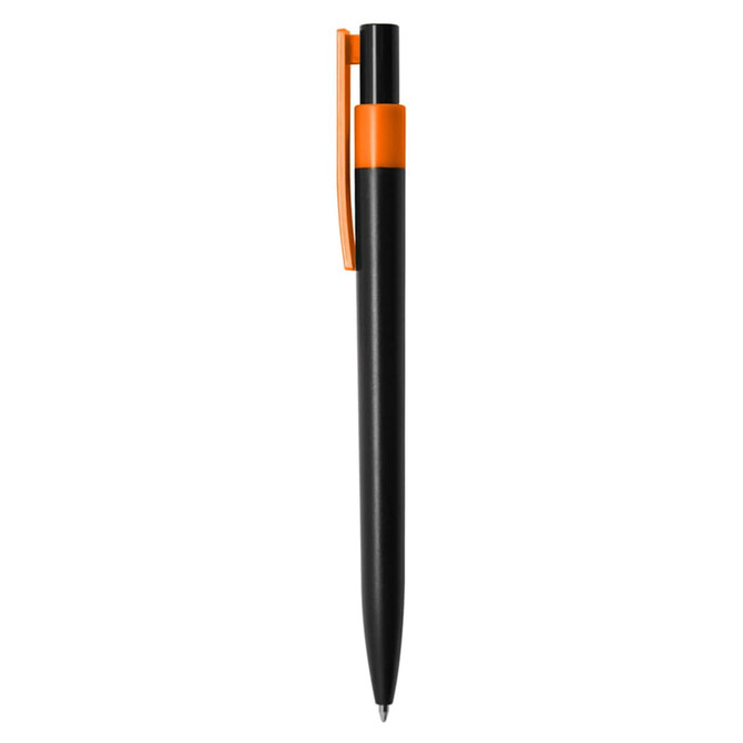 A black plastic pen with an orange clip and accent, featuring a logo.