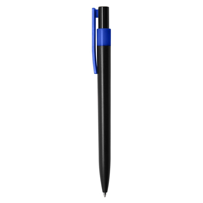 A plastic pen with a black barrel and a blue clip, featuring a logo on its side.