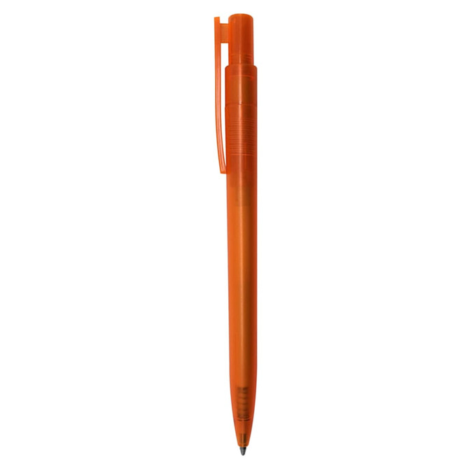 An orange plastic pen with a clip and a logo on the barrel.