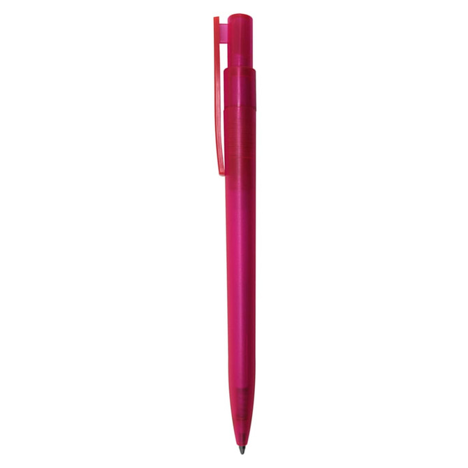 A pink plastic pen with a clip, featuring a smooth design and a logo on the barrel.
