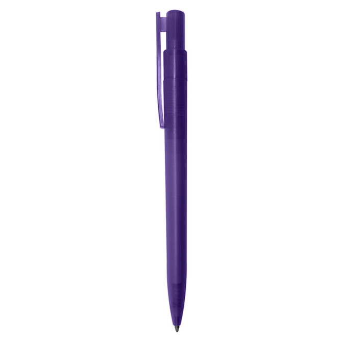A purple plastic pen featuring a clip and a smooth design. It has a branding logo on the body.