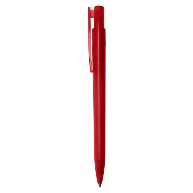 A red plastic pen with a clip and a smooth, streamlined design. It has a logo on the barrel.