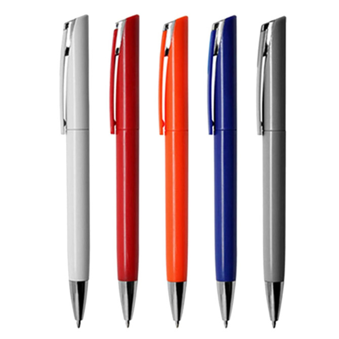 A collection of five plastic pens in white, red, orange, blue, and grey, each with a distinctive clip design.