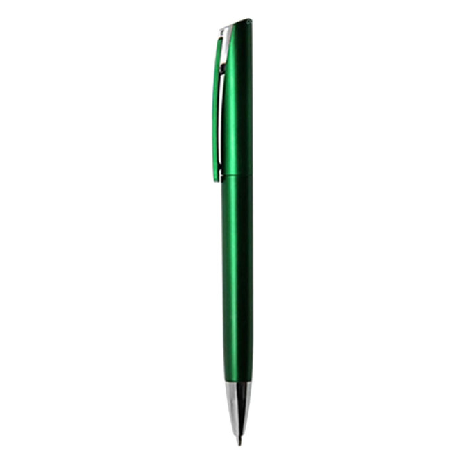 A metallic green pen with a sleek design and a clip. The pen features a shiny finish and has a branding logo.