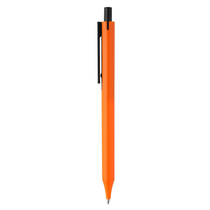 An orange plastic pen with a black clip, featuring a sleek design and a logo.