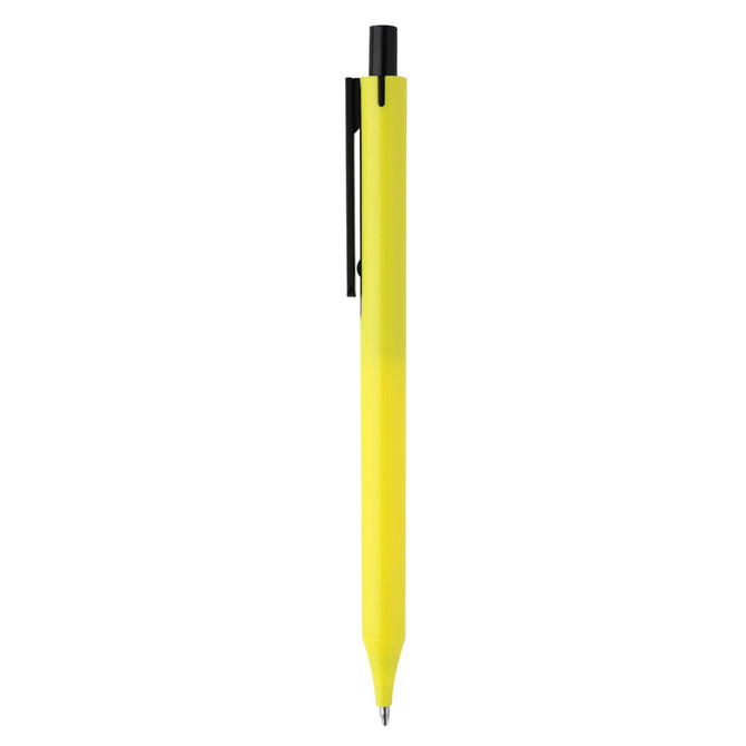 A plastic pen in bright yellow with a black clip and nib, featuring a branding logo.