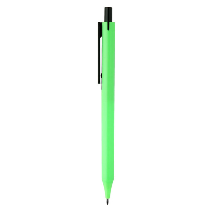A bright green plastic pen with a black clip and nib, featuring a simple design and branding.