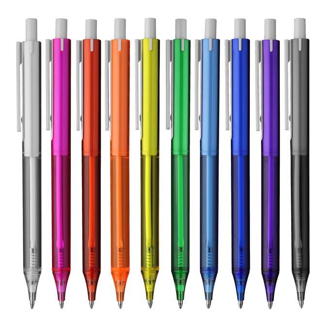 A collection of plastic pens in various colours, including purple, green, blue, yellow, orange, red, and black, with a logo.