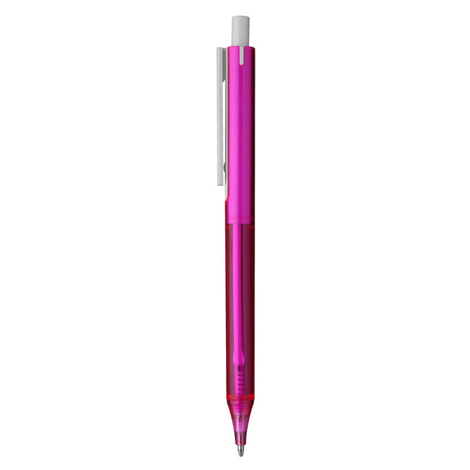 A pink plastic pen featuring a silver clip and a clear barrel. It has a logo on the body.