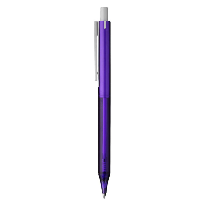 A purple plastic pen with a white clip and a smooth ballpoint tip, featuring branding on the barrel.
