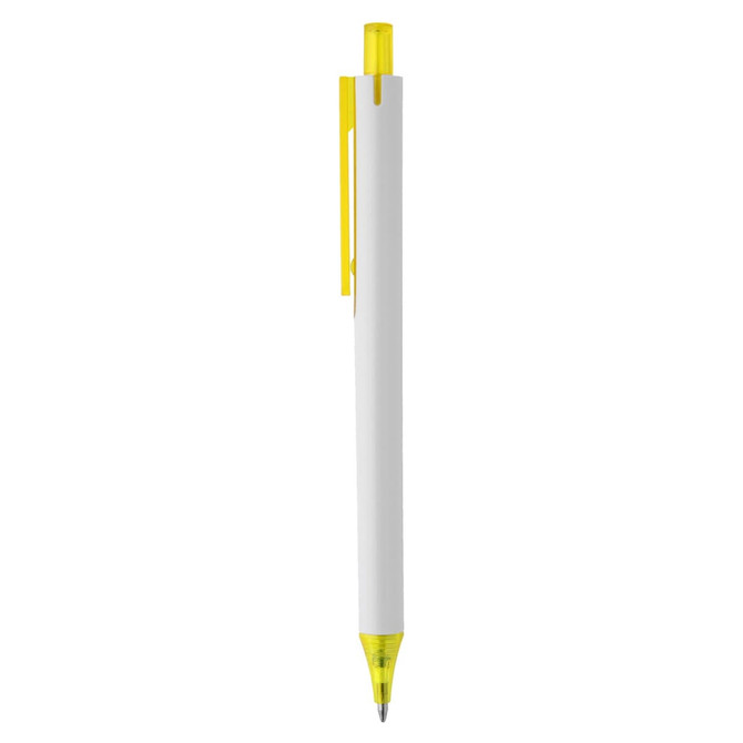 A white plastic pen with a yellow click mechanism and tip. It features a simple design and includes a logo.