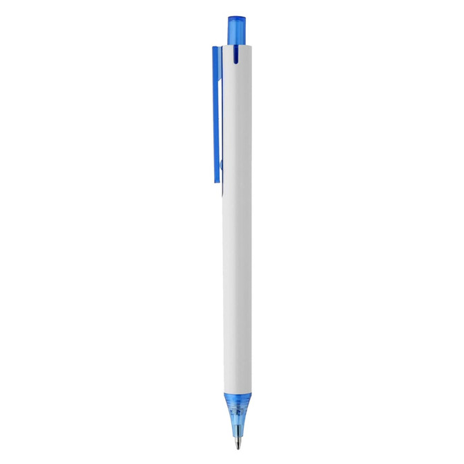 A plastic pen in white with a blue cap and blue ink, featuring a branding logo.