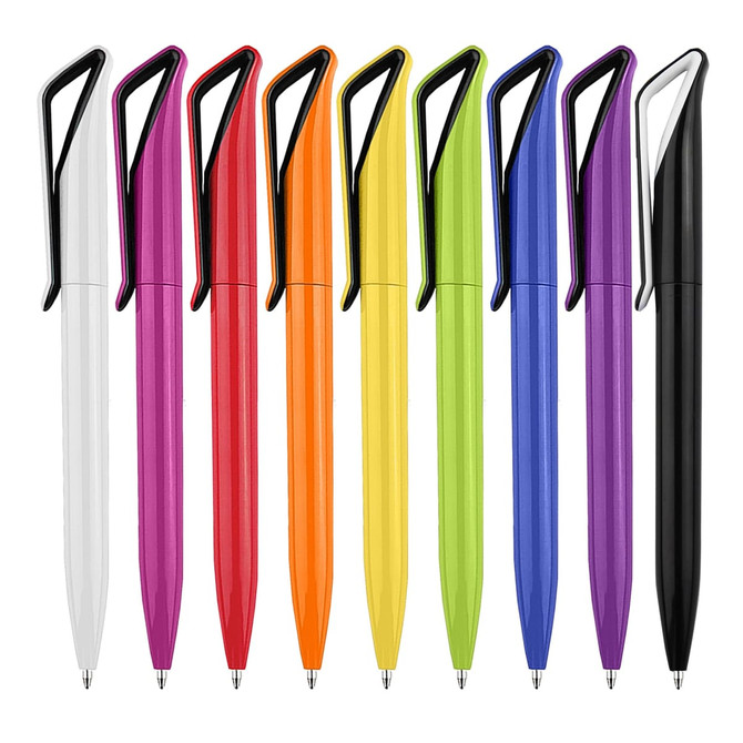 A collection of plastic pens in white, purple, orange, green, yellow, black, and other vibrant colours, featuring clips and a logo.