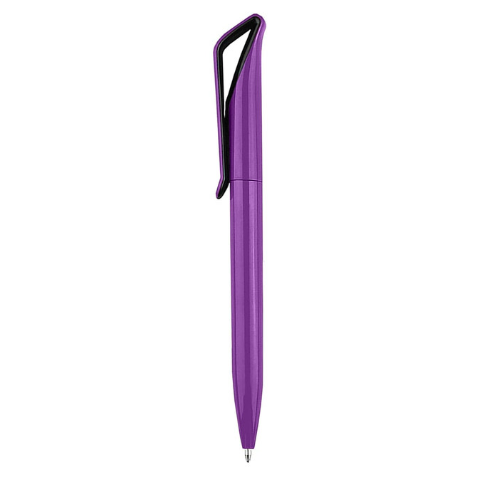 A purple plastic pen with a sleek design and a clip for easy attachment. It features branding on the body.