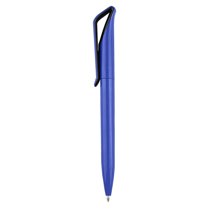 A blue plastic pen with a sleek design and a clip. The product has a logo on it.