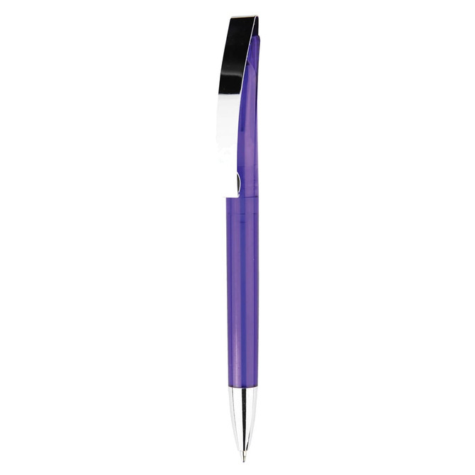 A plastic pen in purple with a black clip and a silver tip, featuring a logo on the barrel.