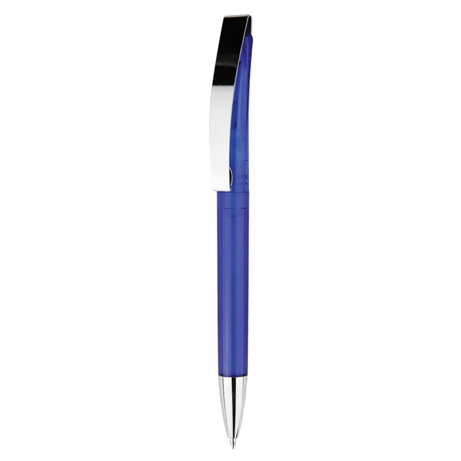A plastic pen in vibrant blue with a shiny silver clip and a sleek design. It features a logo on the barrel.