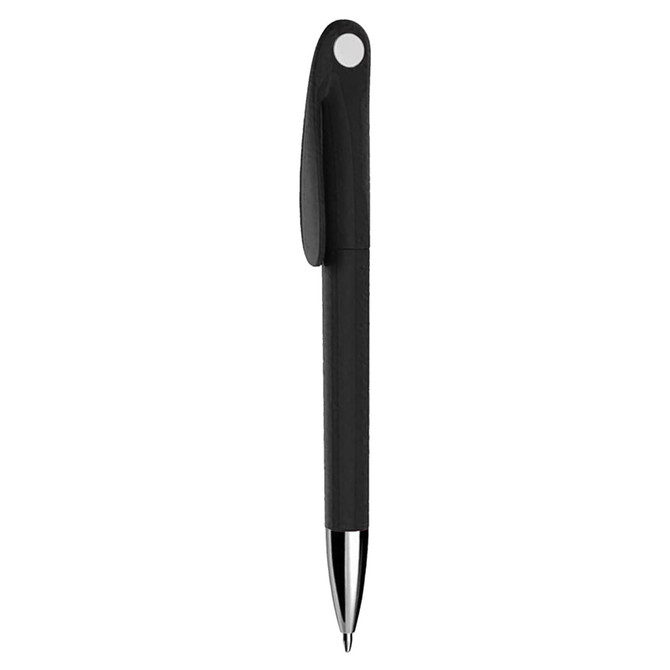 A black plastic pen with a sleek design and a silver tip, featuring a clip and a branding logo.