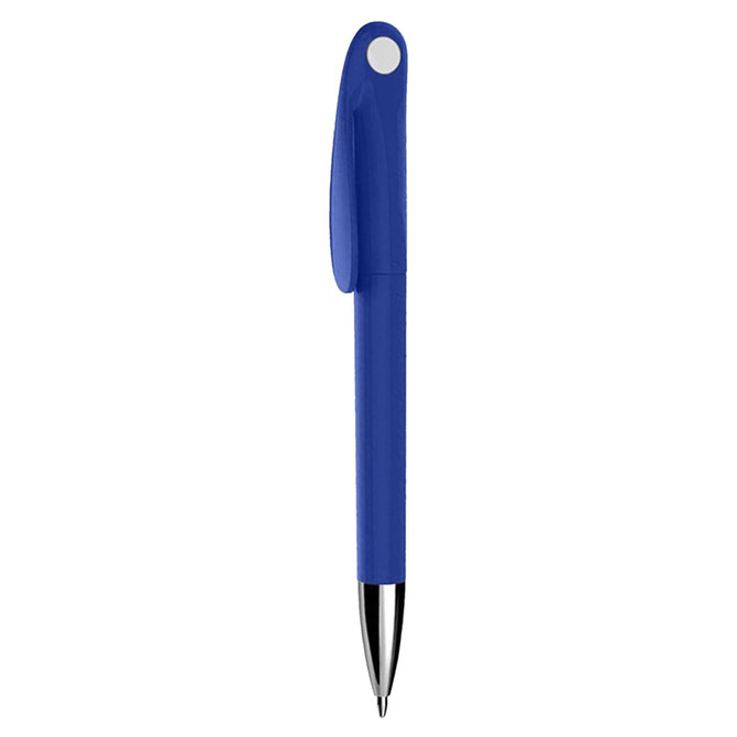 A blue plastic pen with a sleek design and a round clip. The pen features a glossy finish and a chrome tip.