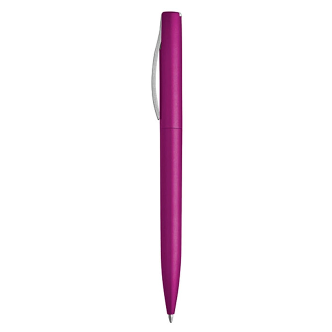 A purple plastic pen with a sleek design and a silver clip, featuring a logo on the body.