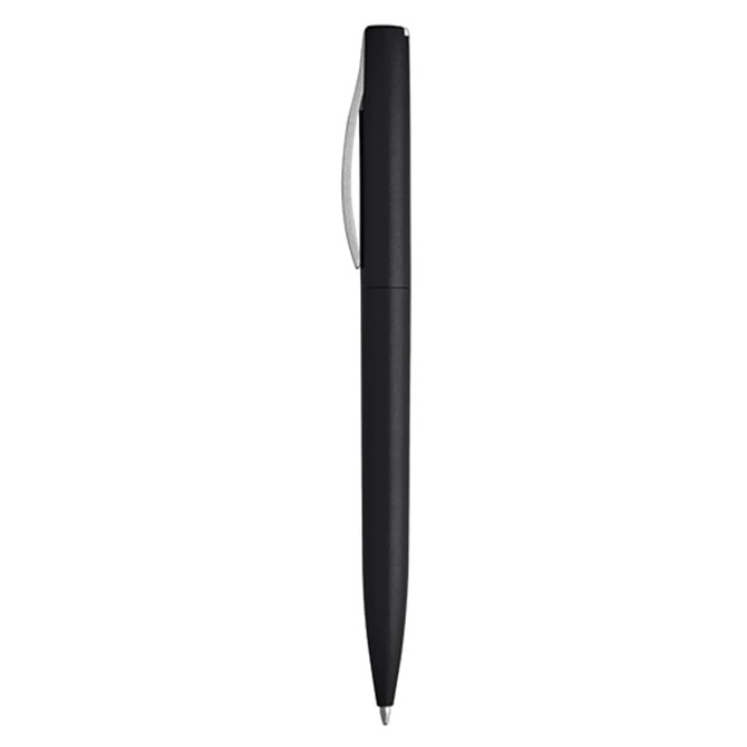 A black plastic pen with a sleek design and a silver clip, featuring a branding logo.