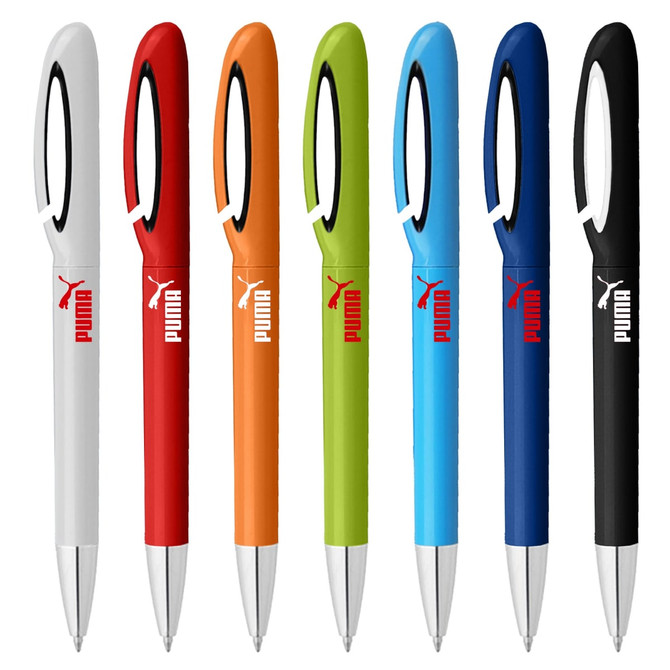 A set of eight pens in various colours: white, red, orange, green, blue, and black, featuring a logo.