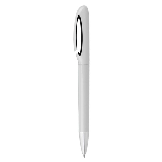 A white pen with a black grip and a clip, featuring a sleek, streamlined design and a silver tip.