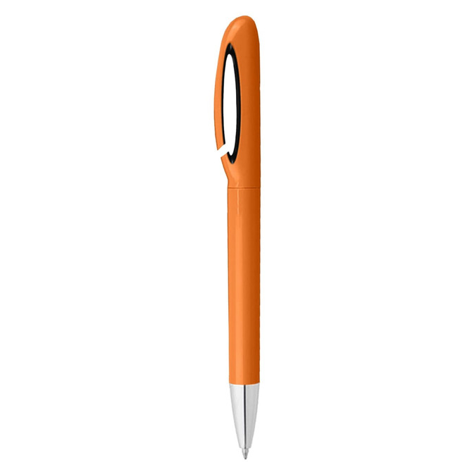 An orange pen with a sleek design and a silver tip, featuring a black accent and a logo.