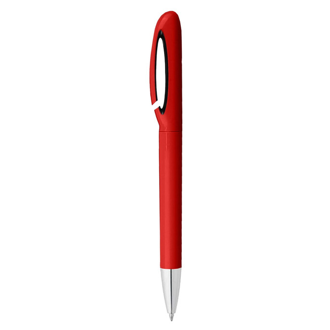 A red pen with a sleek design and a silver tip, featuring a clip for easy attachment. It has a branding logo.