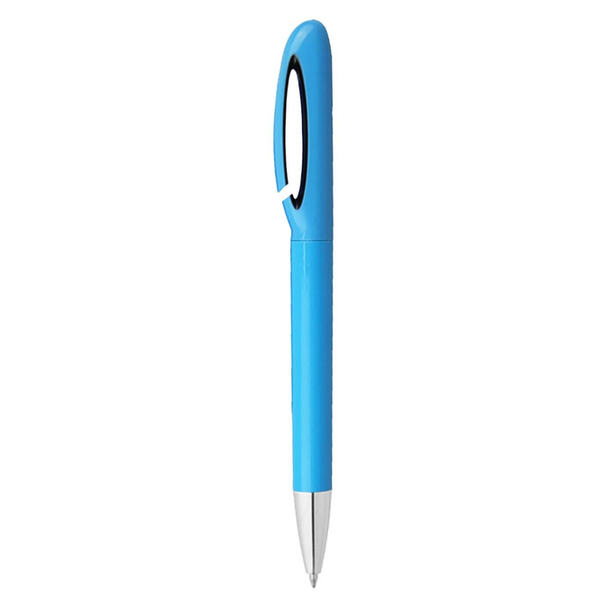 A blue pen with a unique design and a clip, featuring a silver metallic tip. It has a logo on it.