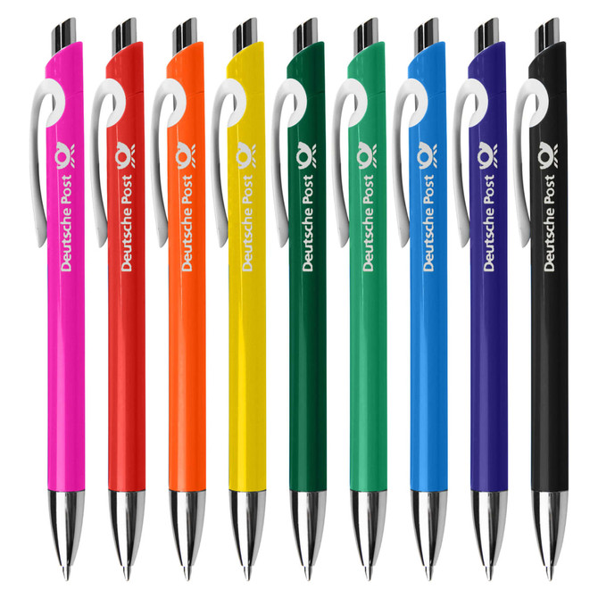 A collection of plastic pens in pink, orange, yellow, green, blue, and purple, featuring a white grip and a logo.